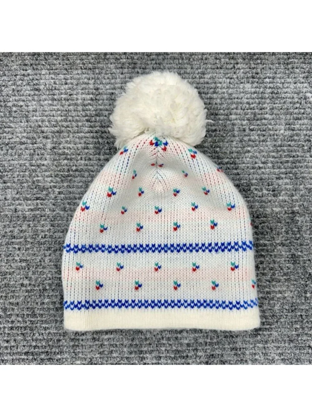 Vintage Wigwam Pom Beanie Ivory White Blue Red Heart Knit Hat Ski Cottagecore